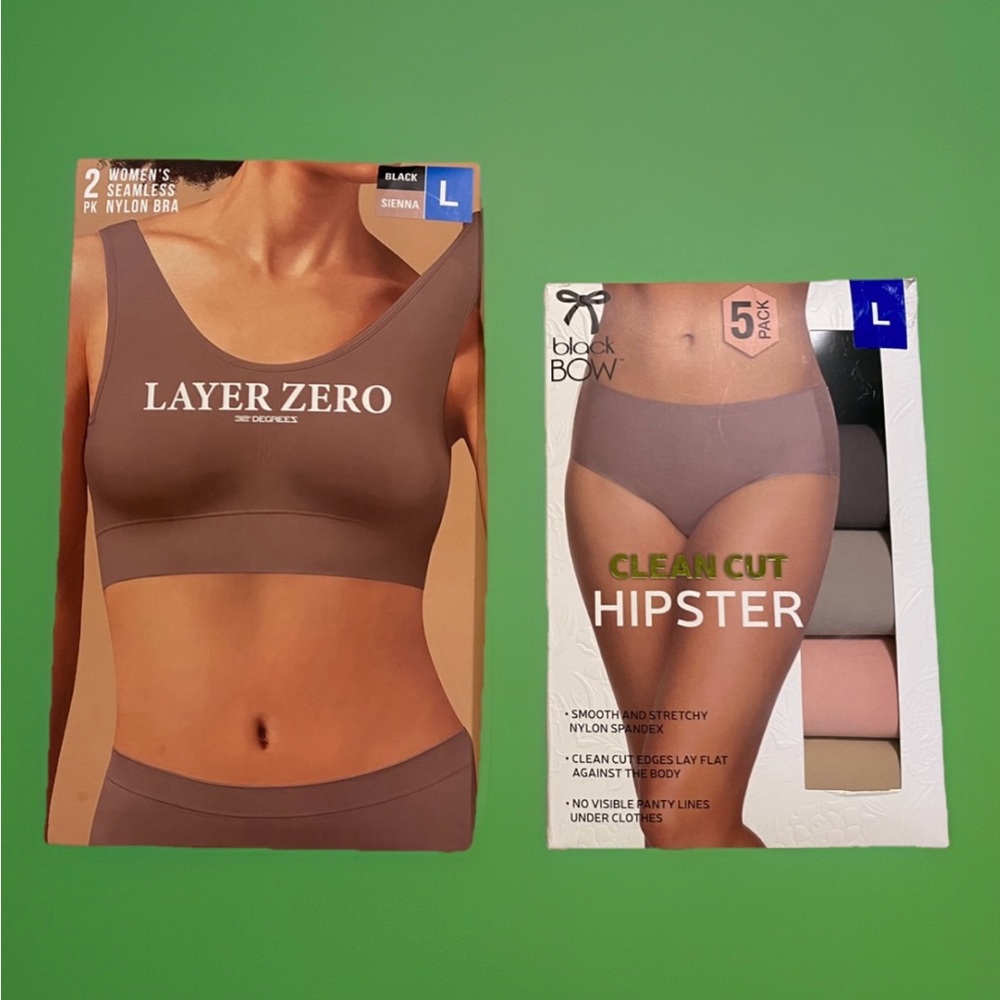 Black Bow 5‑Pk Seamless Underwear + 2‑Pc Layer Zero Seamless Bra L Tagless NIB